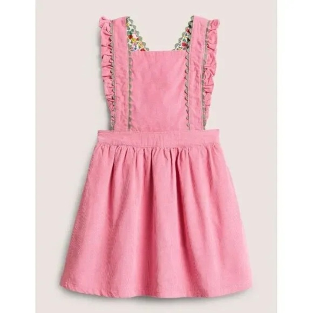 NWT! Mini Boden Pink Rickrack Frill Trim Pink Woven Pinafore Dress Size 7-8Y